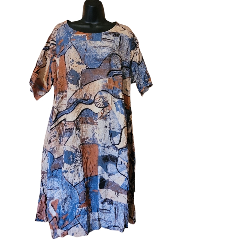 3 potato Artsy Artwear  Colorful Abstract Dress W/ Pockets Size L/XL Lagenlook